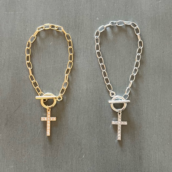 Cross Gold Rhinestone Charm Chain Paperclip Link Toggle Bracelet Christian Faith - Picture 2 of 5